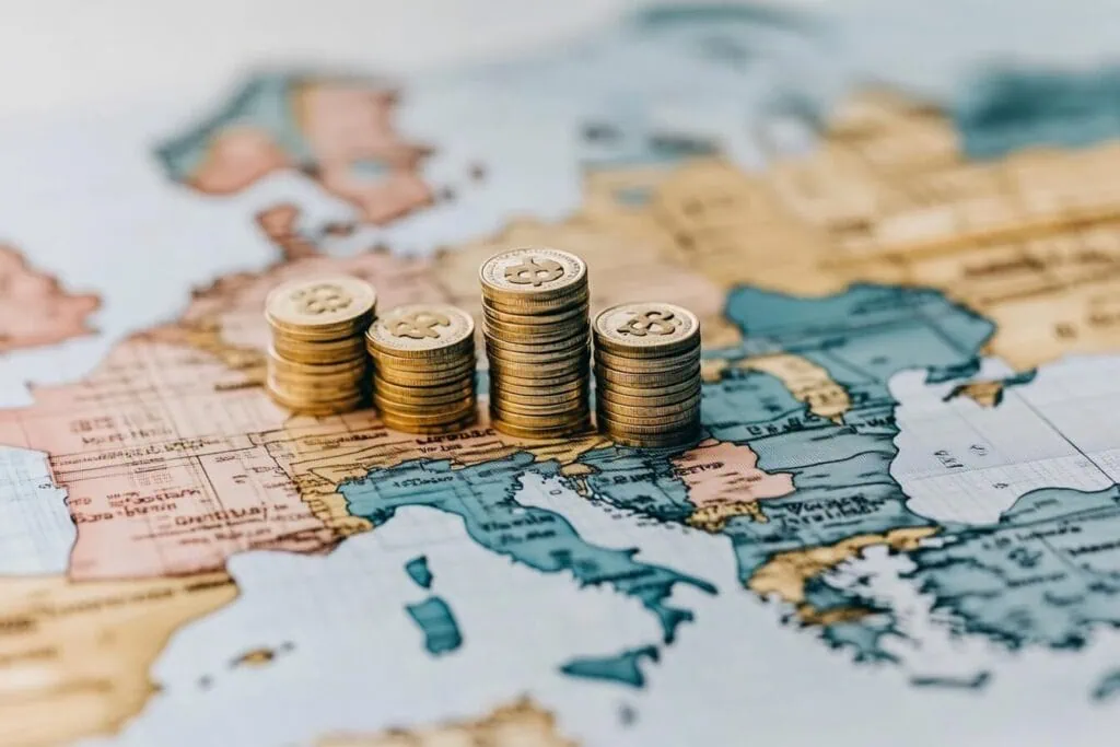 Avrupa haritası üzerine yerleştirilen Euro madeni paraları, kıtaya ilişkin ekonomik temaları vurgulayarak, Almanya gibi ülkelerdeki asgari ücret gibi konuları ön plana çıkarıyor.